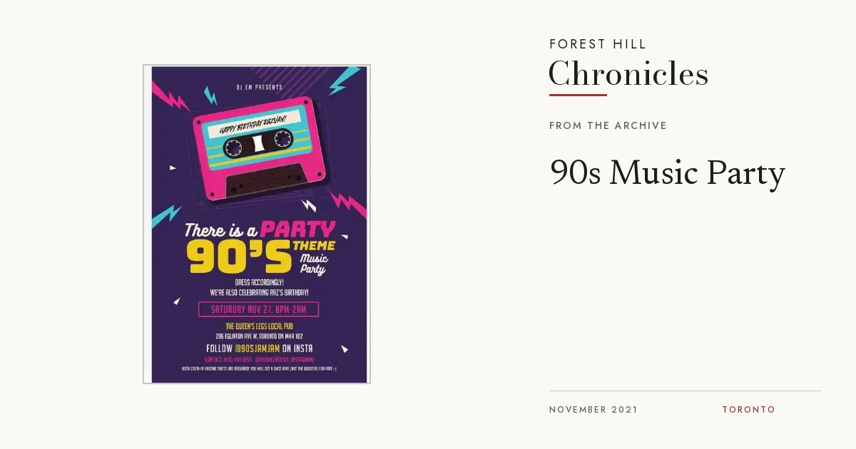 The original 1990s music party flyer, shown as an archival event poster.